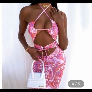 Pink summer printed lace halter hollow dress